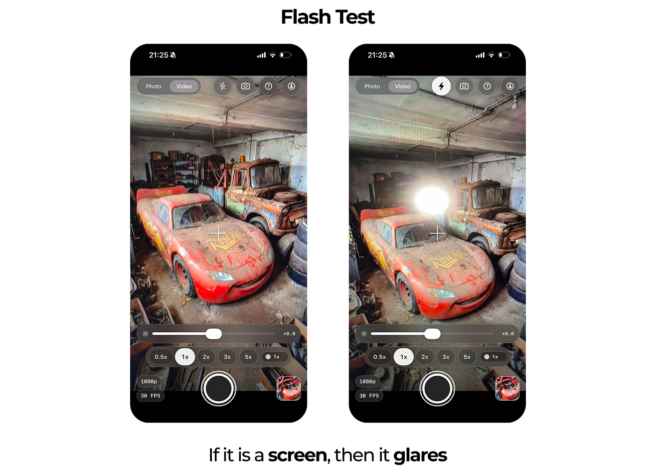 0.5x and 5x verification captures exposing screen borders, pixels, and moire artifacts